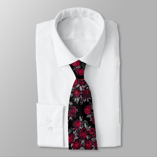 Watercolor roses, red roses on black tie (Tied)