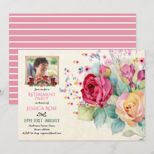 Watercolor Roses RETIREMENT PHOTO Invites Pink