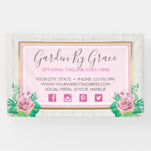 Watercolor Roses & Rustic Wood Shabby Chic Cottage Banner