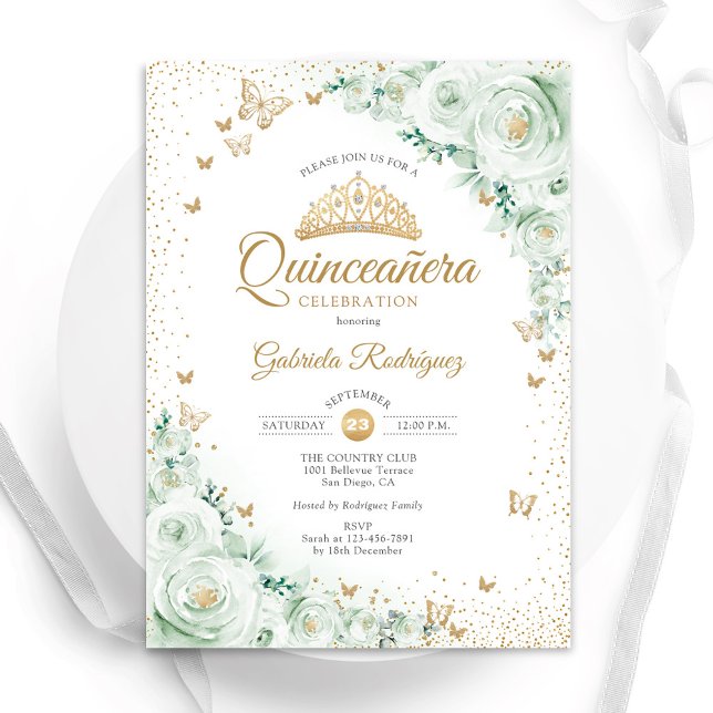 Watercolor Roses Sage Green Floral Quinceanera Invitation (Creator Uploaded)
