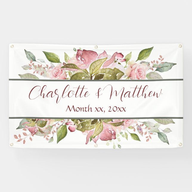Watercolor Roses Soft Pink Wedding Banner (Horizontal)