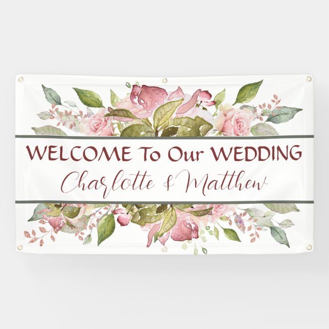 Watercolor Roses Soft Pink Wedding Banner (Horizontal)