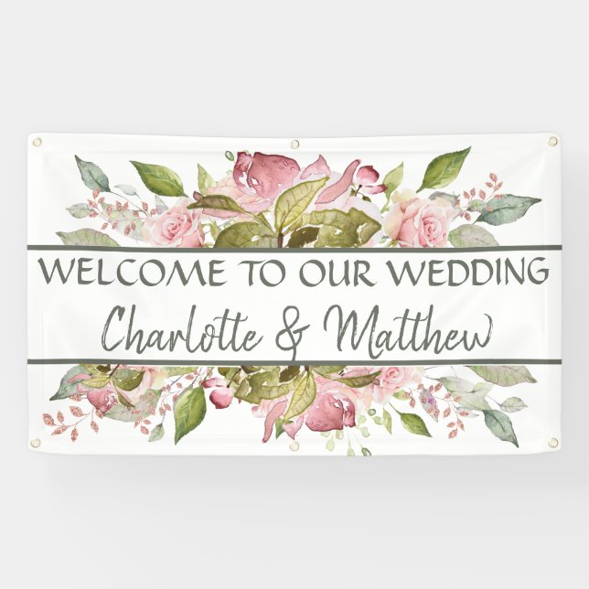 Watercolor Roses Soft Pink Wedding Banner (Horizontal)