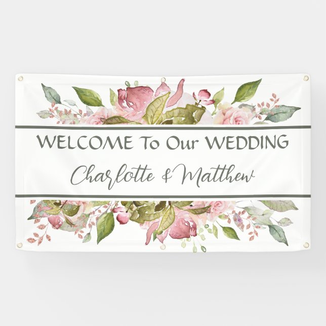 Watercolor Roses Soft Pink Wedding Banner (Horizontal)