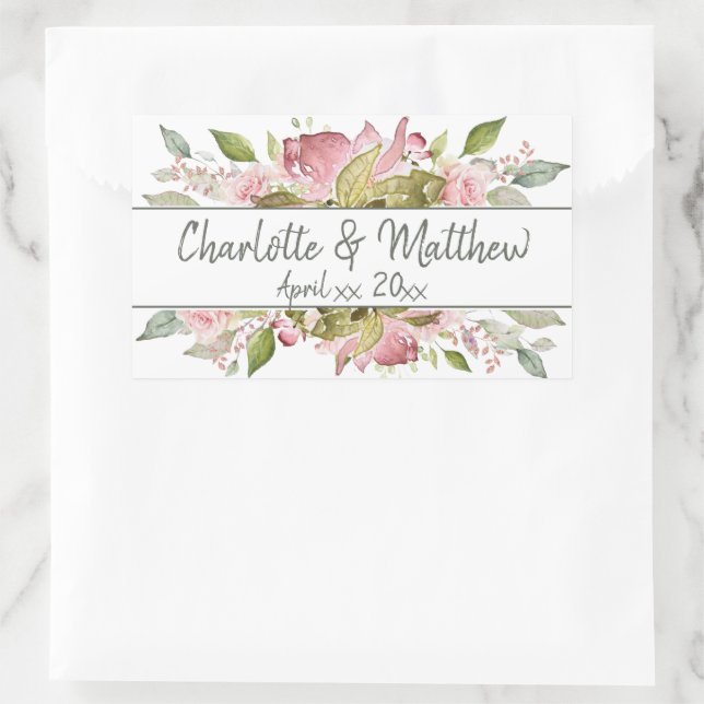 Watercolor Roses Soft Pink Wedding Rectangular Sticker (Bag)