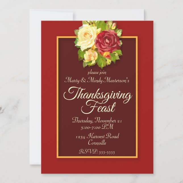 Watercolor Roses Thanksgiving Dinner Party Invitation (Front)