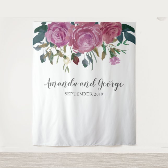 Watercolor roses wedding backdrop floral tapestry (Front)