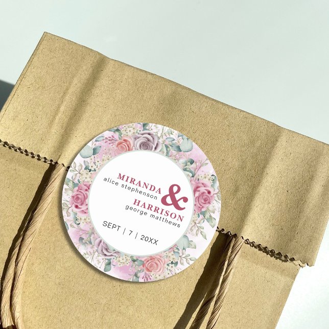 Watercolor Roses Wedding Classic Round Sticker (Creator Uploaded)