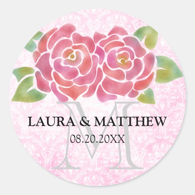 Watercolor Roses Wedding Favour Monogram Stickers (Front)