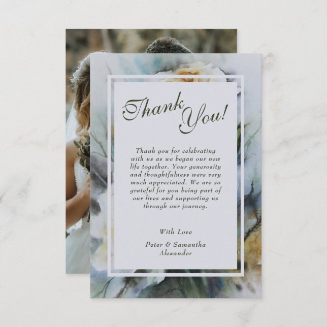 Watercolor Roses Wedding Photo Thank You Card (Front/Back)