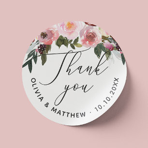 Watercolor Roses Wedding Thank You. Elegant Floral Classic Round Sticker