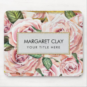 Watercolor Roses with gold glitter stripes Mouse Mat
