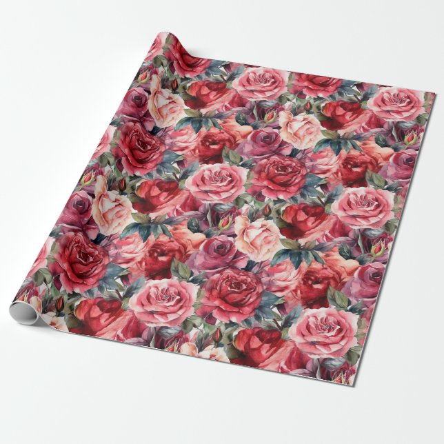 Watercolor Roses Wrapping Paper Roll (Unrolled)