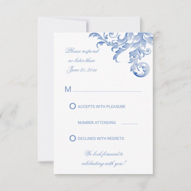 Watercolor Royal Blue Flourish Wedding RSVP Invitation (Back)
