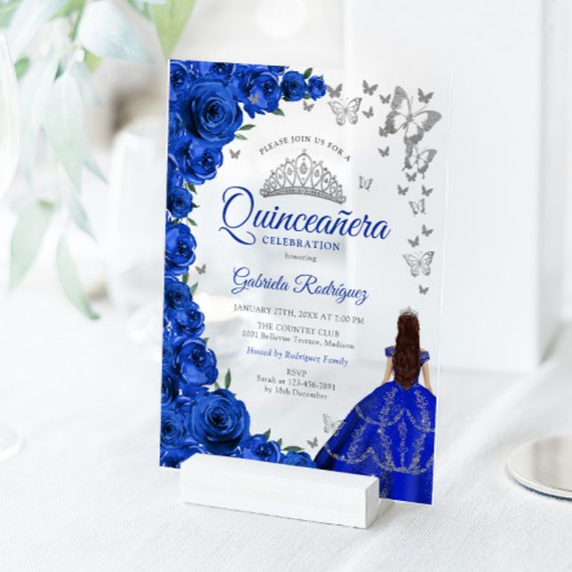 Watercolor Royal Blue Roses Silver Quinceanera Acrylic Invitations (Creator Uploaded)
