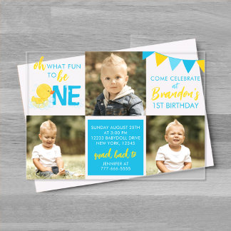 Watercolor Rubber Duck 3 Photo Birthday Acrylic Invitations