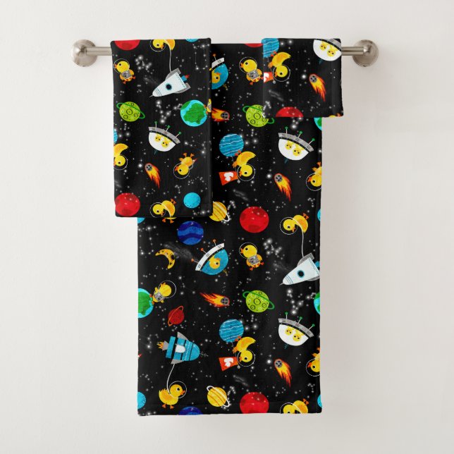 Watercolor Rubber Duck Astronauts Kids Bath Towel Set (Insitu)
