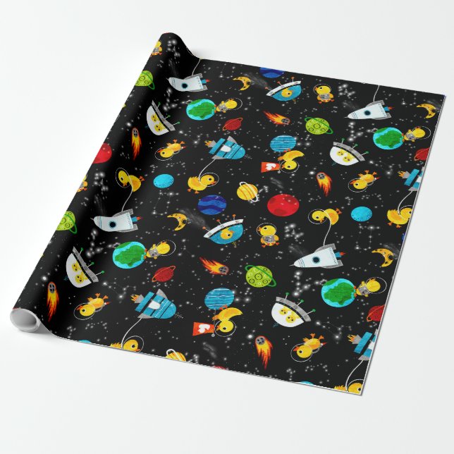 Watercolor Rubber Duck Astronauts Kids Outer Space Wrapping Paper (Unrolled)