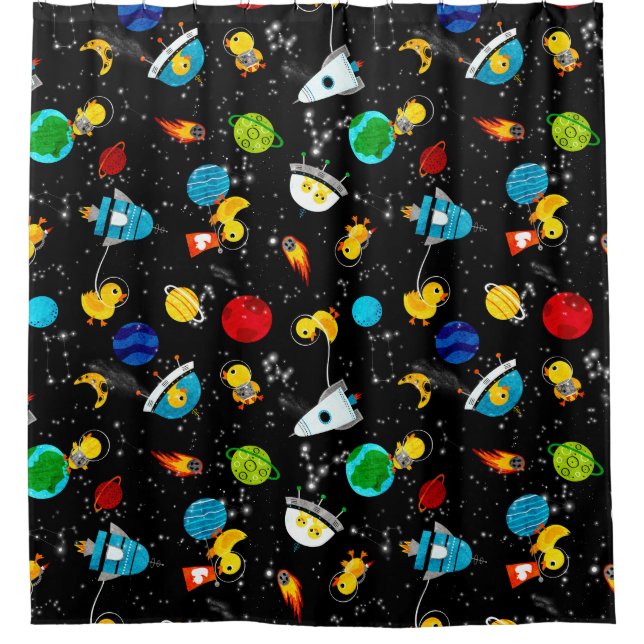 Watercolor Rubber Duck Astronauts Kids Shower Curtain (Front)