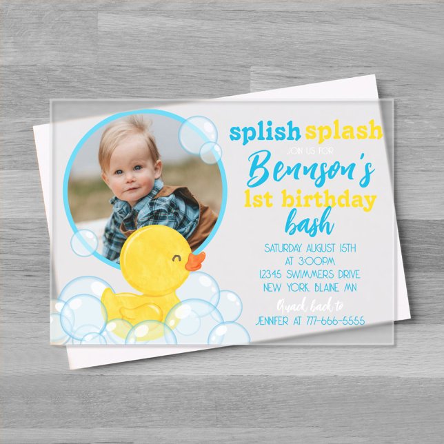 Watercolor Rubber Duck Photo Birthday Acrylic Invitations (Boy Watercolor Rubber Duck Photo Birthday Acrylic Invitations)