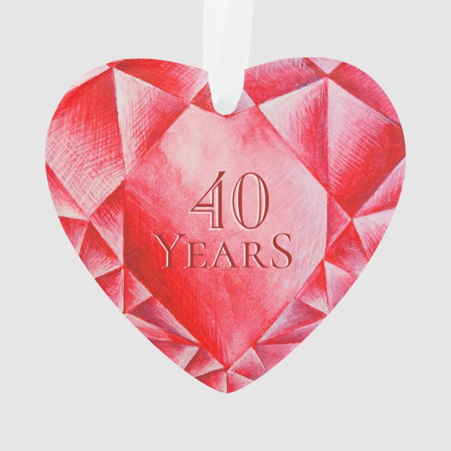     Watercolor Ruby Heart 40th Wedding Anniversary Ornament (Back)
