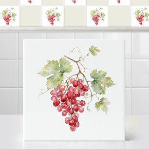 Watercolor Ruby Red Champagne Grape Vine Leaves Tile