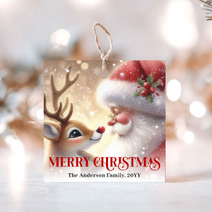 Watercolor Rudolph Santa Cute Christmas Gift Tag