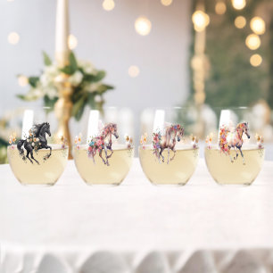 Watercolor Running Horses With Floral Accents Stemless Wine Glass