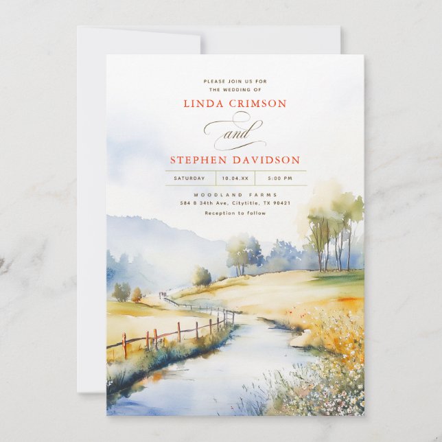 Watercolor Rural Landscape Rustic Country Wedding Invitation (Front)
