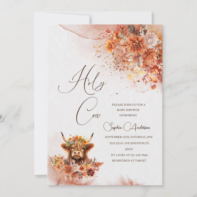 Watercolor Rust Highland Cow Baby Shower Invitation (Front)