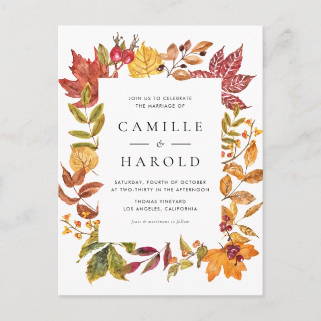 Watercolor Rustic Autumn Leaves Frame Wedding Invitation Postcard (Front)