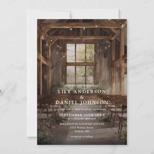 Watercolor Rustic Barn String Lights Wedding Invitation (Front)