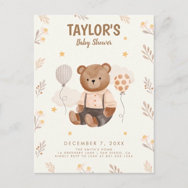 Watercolor Rustic Bear Baby Shower Postcard (Front)
