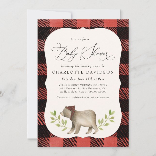 Watercolor Rustic Bear Woodland Boy Baby Shower Invitation (Front)