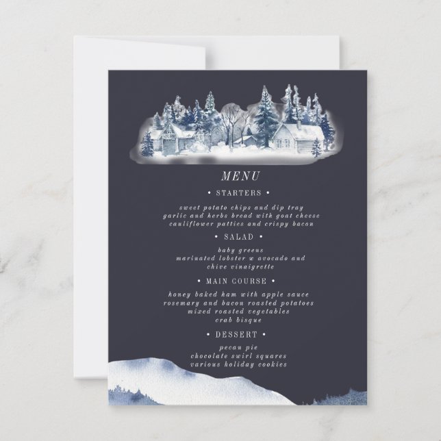 Watercolor Rustic Blue Mountain Wedding Menu Card (Front)