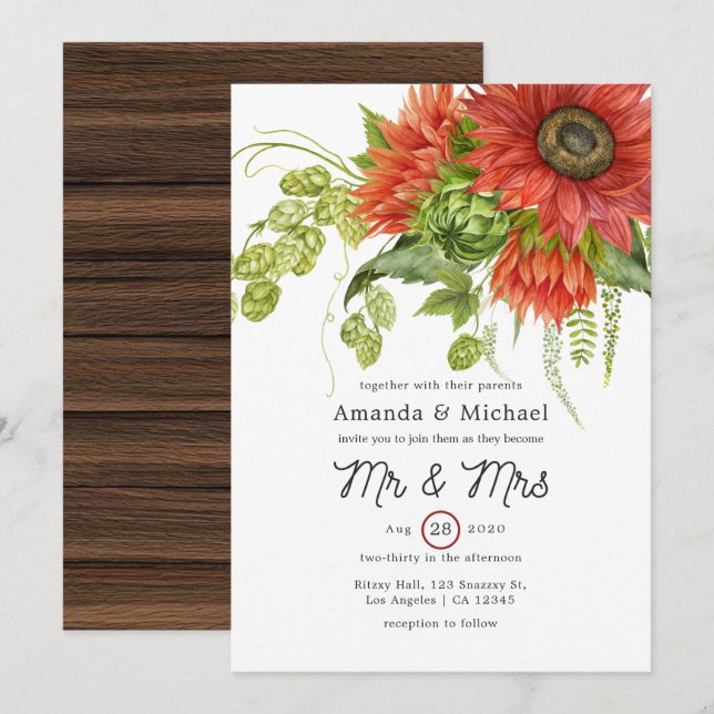 Watercolor Rustic Bohemian Red Sunflowers Wedding Invitation (Front/Back)