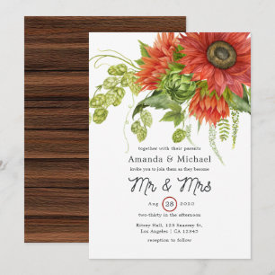Watercolor Rustic Bohemian Red Sunflowers Wedding Invitation