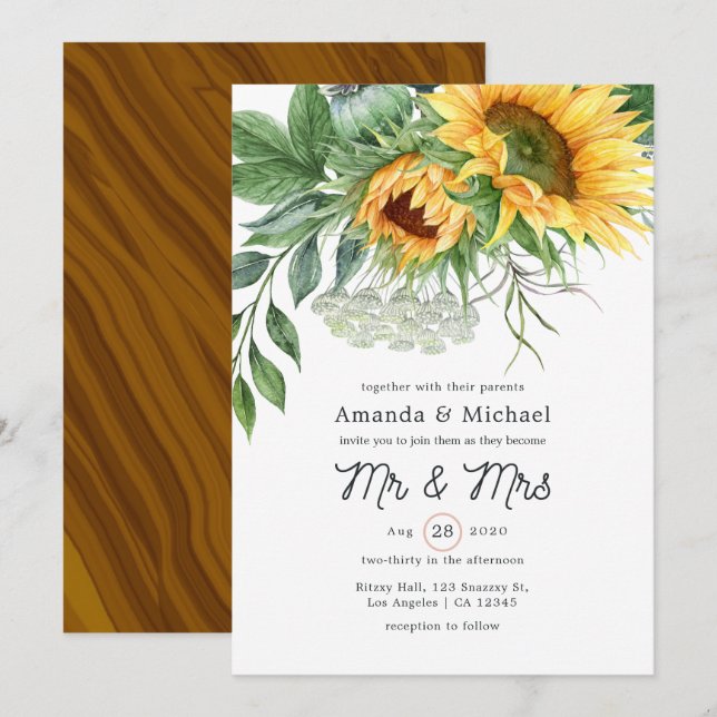 Watercolor Rustic Bohemian Sunflower Wedding Invitation (Front/Back)