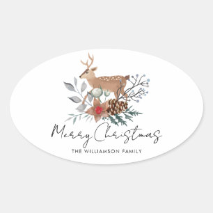 Watercolor Rustic Botanical Deer Christmas Holiday Oval Sticker