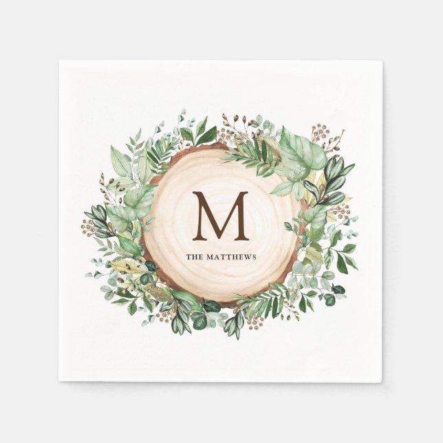 Watercolor Rustic Botanical Greenery Monogram Napkin (Front)