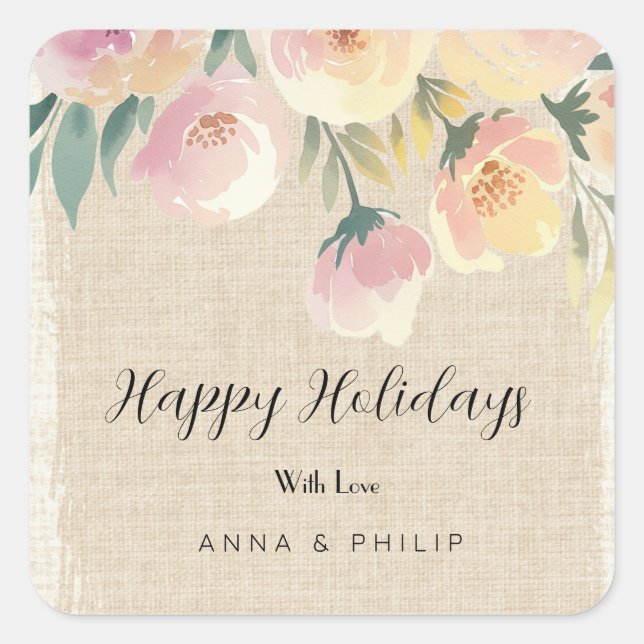  Watercolor  rustic  burlap floral christmas Square Sticker (Front)