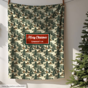 Watercolor Rustic Christmas Farmhouse Village  Fleece Blanket