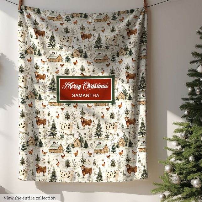 Watercolor Rustic Christmas Farmhouse Village  Fleece Blanket (Watercolor Rustic Christmas Farmhouse Village Fleece Blanket)