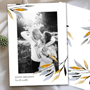 Watercolor Rustic Christmas Leafy Photo  Holiday Card