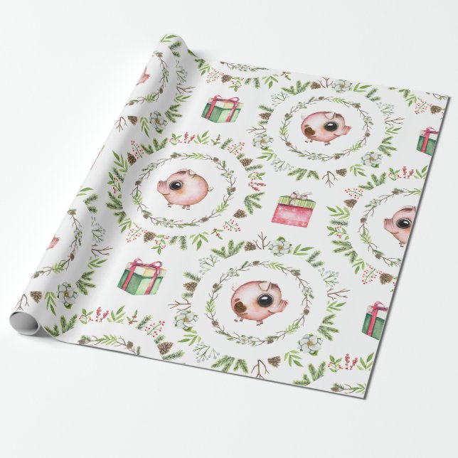 Watercolor Rustic Christmas Pigs Wrapping Paper (Unrolled)