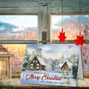 Watercolor Rustic Country Barn Christmas Holiday Card