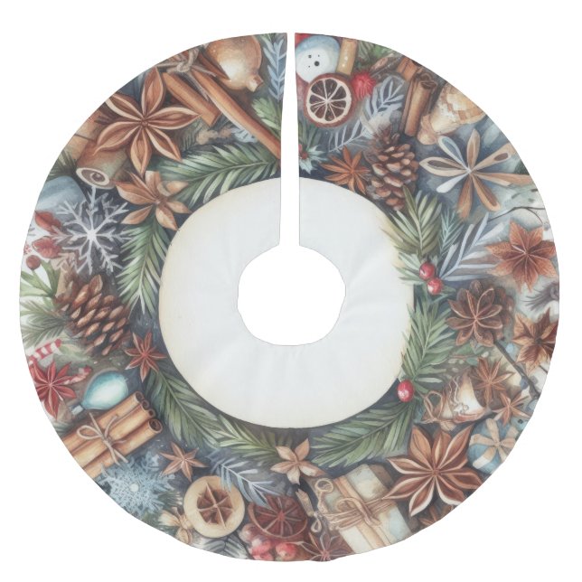 Watercolor Rustic Country Christmas Holiday Brushed Polyester Tree Skirt (Front)
