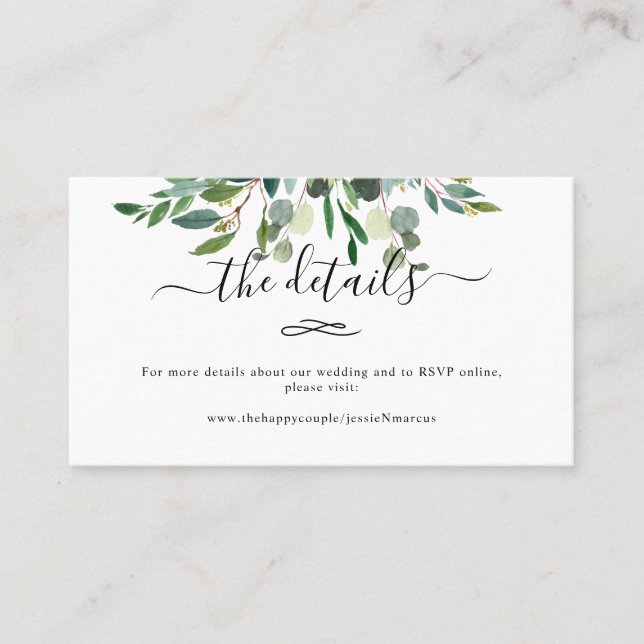 Watercolor Rustic Eucalyptus Leave Wedding Details Business Card (Front)