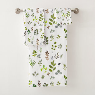 Watercolor Rustic Eucalyptus Leaves Pattern Bath Towel Set