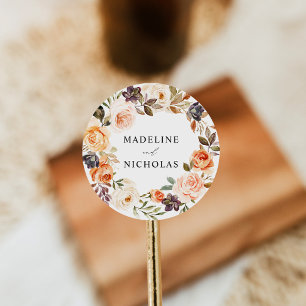 Watercolor Rustic Fall Floral Wedding Classic Round Sticker